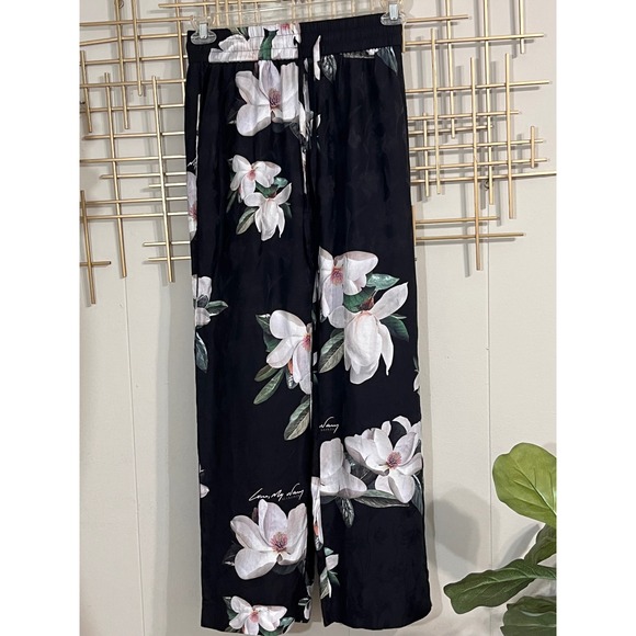 AllSaints Women's Pants Small Black‎ Magnolia Floral Print Drawstring Silk Blend - Picture 1 of 12